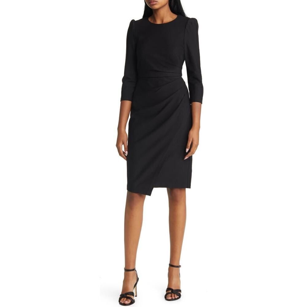 Eliza J Sheath Dress Women's 2 Black Pleated Long Sleeve Faux Wrap Knee Length
